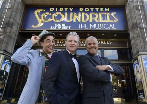 Three of the stars, Noel Sullivan, Michael Praed and Gary Wilmot, outside the Edinburgh Playhouse. Picture: Julie Bull