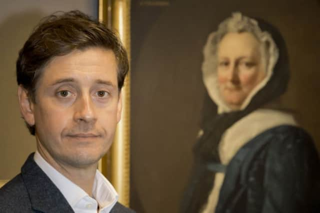 Lachlan Goudie with Allan Ramsays portrait of Anne Cockburn Lady Inglis at National Gallery of Scotland