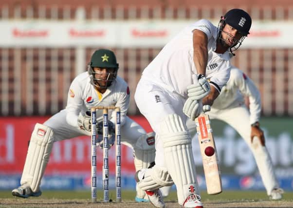 England captain Alastair Cook plays the ball to leg during Englands second innings in the 3rd Test. Picture: AP