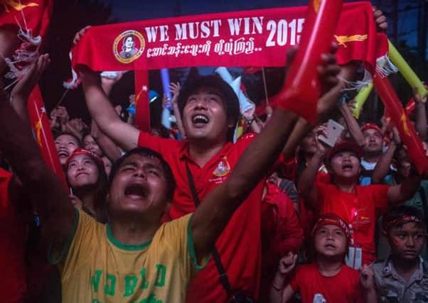 Crowds gathered for the election result announcement in front of the National League for Democracy's headquarters. Picture: Getty