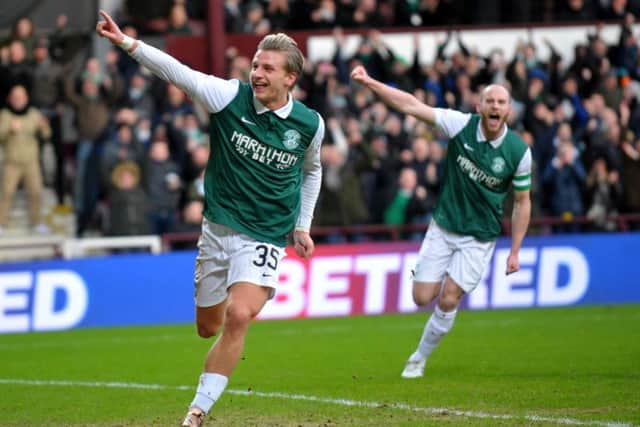 Hibs Jason Cummings celebrates scoring from a penalty. Picture by JANE BARLOW
Â© Jane Barlow 2016