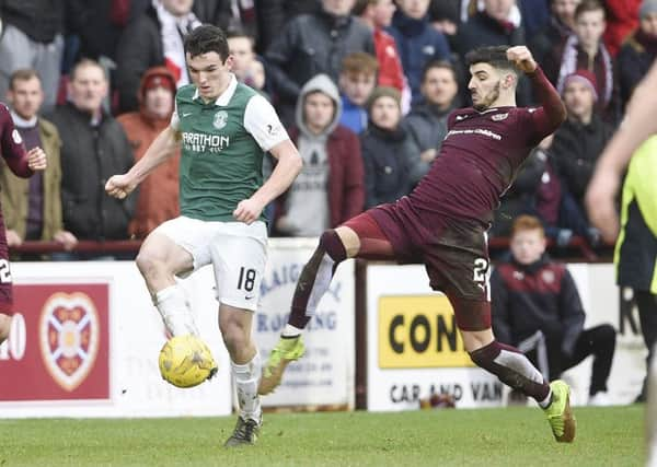 Hibs star John McGinn and Hearts ace Callum Paterson will meet again at Easter Road next Tuesday. Pic: Greg Macvean