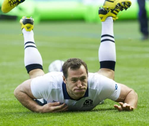 Tim Visser scores the first of his two tries against Italy in August when Scotland ran out convincing 48-7 winners in the World Cup warm-up game at BT Murrayfield. 
 Picture Ian Rutherford