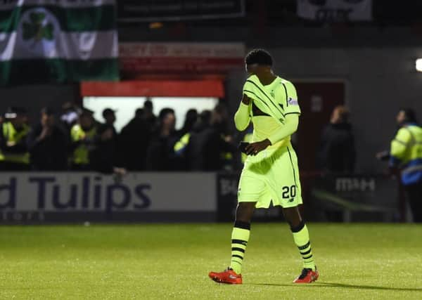 Celtic's Dedryck Boyata was sent off for a challenge on Hamilton's Carlton Morris. Picture: SNS