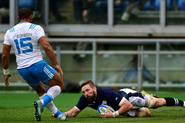 John Barclay goes over the line for Scotland's first try.  (Photo by Dan Mullan/Getty Images)