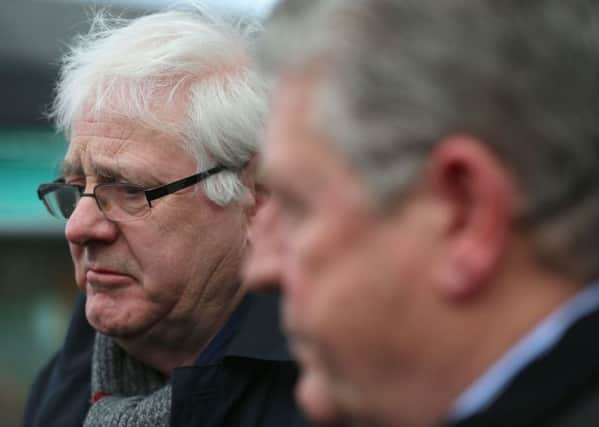 Michael Gallagher, left, who lost his son Aidan, and Stanley McComb, who lost his wife Ann in the Omagh bombings, arrive at Ballymena Court,. Picture: PA