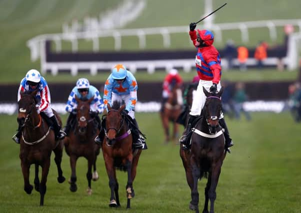 Jockey Nico de Boinville celebrates on board Sprinter Sacre after winning. Picture: Getty