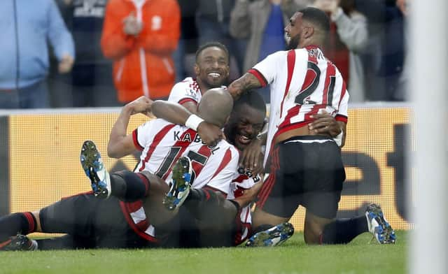 Sunderlands Lamine Kone celebrates scoring his sides second goal of the game, and went on to score again against abject Everton. Picture: PA