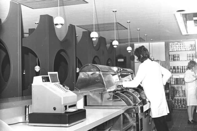 Behind the counter at Brattisani's fish and chip shop in Newington Road Edinburgh in January 1971.