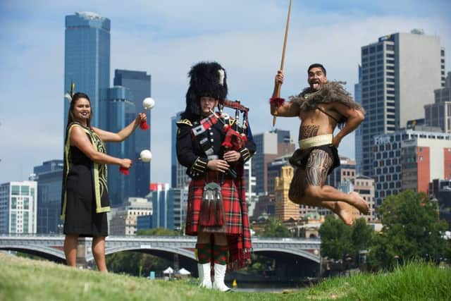 Trooper Karl Lynch, Royal Scots Dragoon Guards, Monica Simich-Pene and Kawama Waititi from Te Whanau-a-Apanui from New Zealand. Picture: Rob McDougall/The Royal Edinburgh Military Tattoo