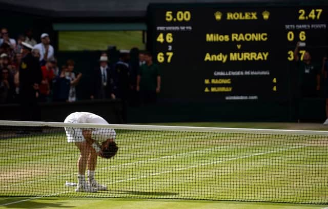 Andy Murray shows his emotion on Centre Court, while right, in action and with runner-up Raonic at the end of the final. Picture: PA