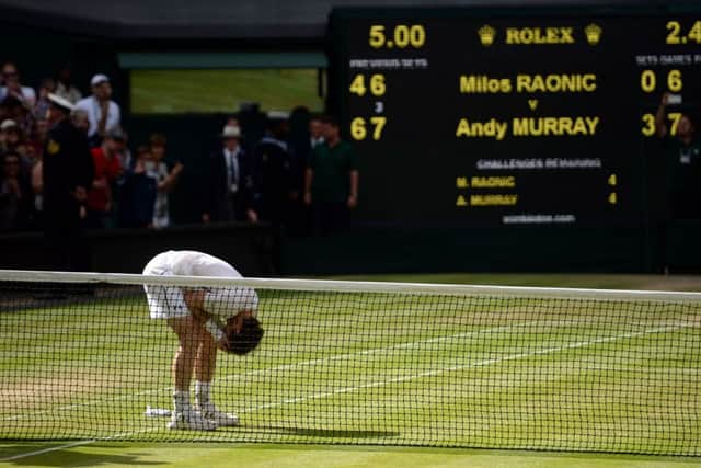 Andy Murray shows his emotion on Centre Court, while right, in action and with runner-up Raonic at the end of the final. Picture: PA