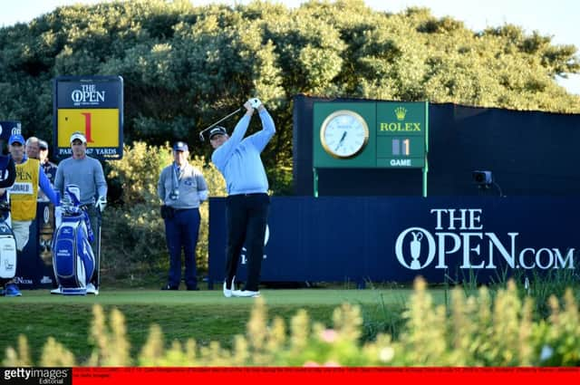 Colin Montgomerie hits the first shot of the Open. He scored a six after finding a bunker with his second shot but finished on level par. Picture: Warren Little/R&A