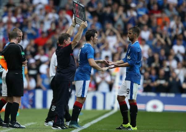 Joey Barton comes on for Niko Kranjcar during Rangers' Betfred Cup match against Annan Athletic. Picture: Andrew Milligan/PA