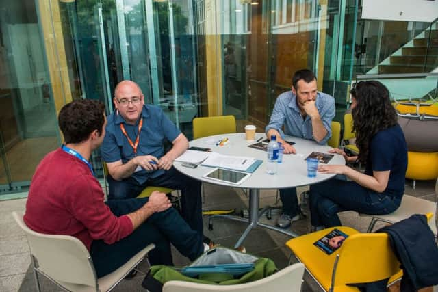 The Scotsmans Brian Ferguson (in the glasses) and Roger Cox spoke with Fringe performers during the Meet the Media event at the weekend. Picture: Ian Georgeson