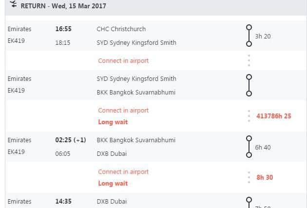 James Lloyd's screenshot of his trip from Christchurch in New Zealand to London Gatwick - complete with 47-year layover. Picture: Facebook/James Lloyd