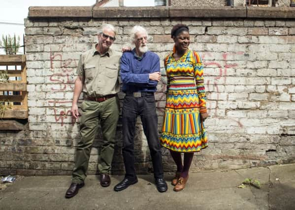 Producer Kevin Brown with bagpiper and composer Matt Seattle and reggae singer Brina Murray