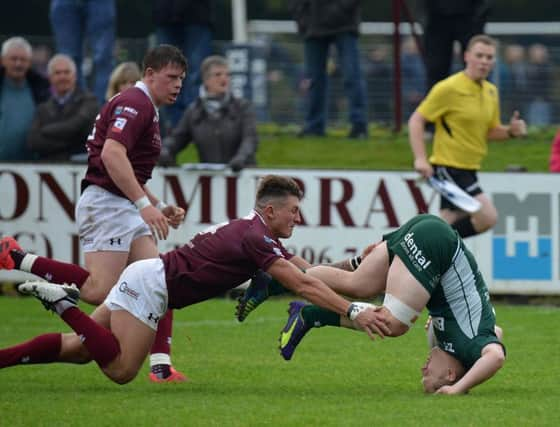 Gala's Ross Combe tackles Gary Johnstone. Picture: Jon Savage