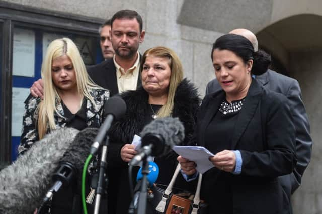 Jack Taylors sisters, Jenny, left, and Donna, far right, and his mother, Jeanette, speak to the press after the verdict. Picture: SWNS