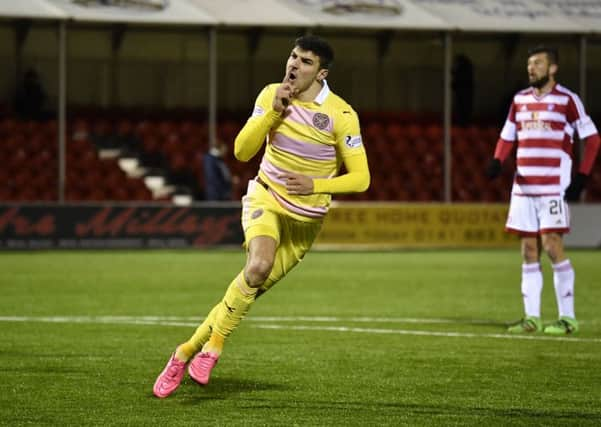 Hearts' Callum Paterson celebrates his equaliser against Hamilton on Monday. Picture: SNS