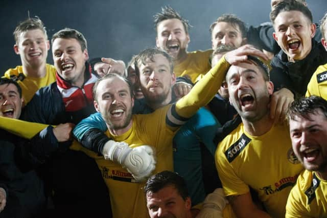 Bonnyrigg, who will now face Hibs, celebrate their  win over Championship Dumbarton at full-time. Picture Robert Perry