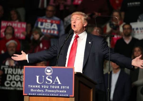 US President-elect Donald Trump speaks to supporters during a rally at the Giant Center, December 15, 2016 in Hershey, Pennsylvania. Picture; Getty