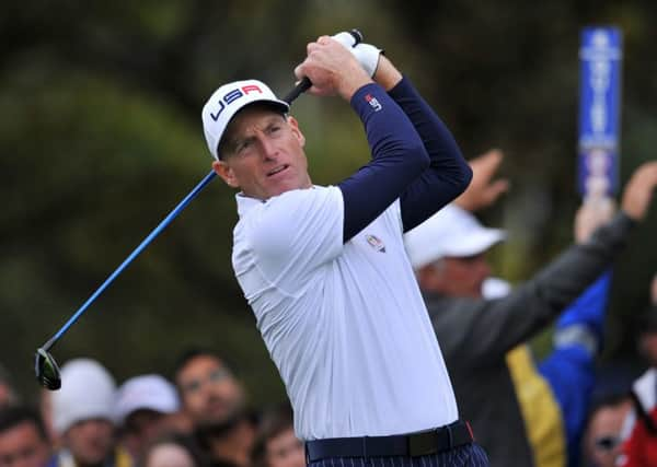 Jim Furyk tees off on the 11th hole during the afternoon foursomes on the first day of the 2014 Ryder Cup at Gleneagles. Picture: Glyn Kirk/AFP/Getty Images