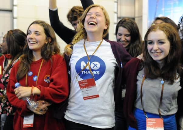 No campaigners in the independence referendum celebrate the result at the count at Ingliston. Picture: Lisa Ferguson