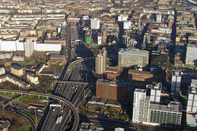 The potential roof park site, south from Tay House, built over the M8 (top centre). Picture: Keppie Design