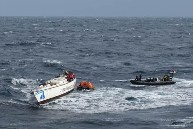 The stricken 60ft Clyde Challenger
racing yacht in the Atlantic Ocean. Picture; PA