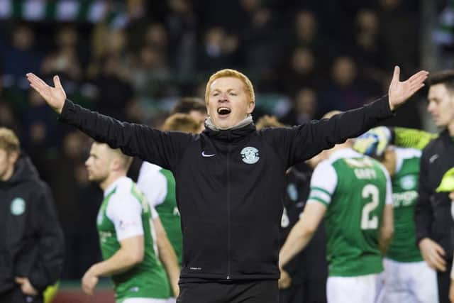 Hibernian manager Neil Lennon celebrates at full time. Picture: SNS