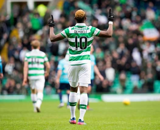 Celtic Moussa Dembele celebrates scoring his side's second goal of the game against Hamilton. Picture: PA Wire/Jeff Holmes