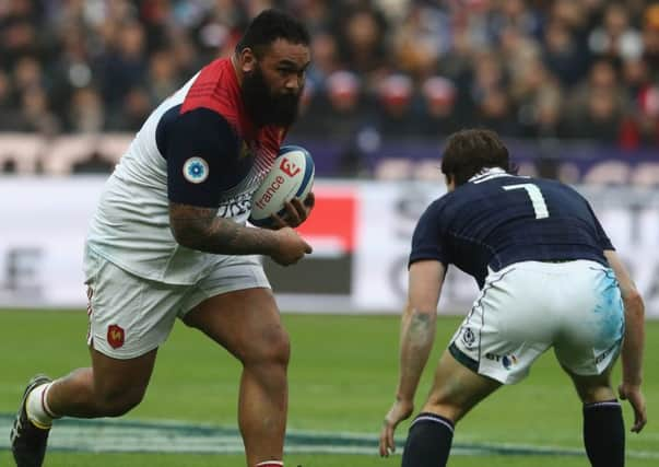 Uini Atonio bears down on Hamish Watson during the RBS Six Nations match between France and Scotland at Stade de France last month. Picture: David Rogers/Getty Images