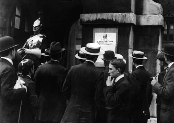 A proclamation declaring the start of war in Europe is posted up in Whitehall. Picture: Topical Press Agency/Getty Images.