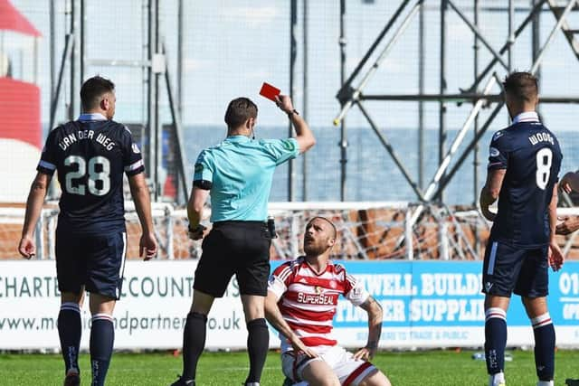 Ioannis Skondras is shown a red card. Pic: SNS/Paul Devlin