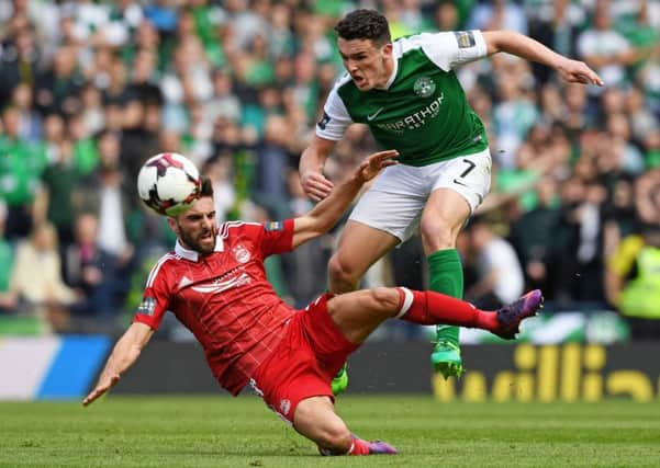 Hibernian's John McGinn completes with Aberdeen's Graeme Shinnie. Pic: SNS/Craig Williamson