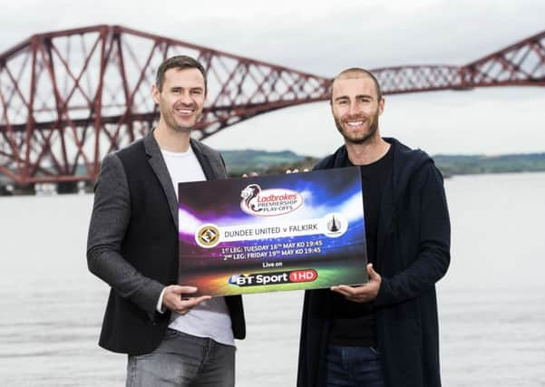 Falkirks David McCracken, left, and Sean Dillon of Dundee United met at South Queensferry. Picture: SNS.