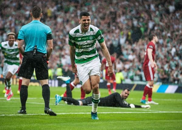 Tom Rogic cant hide his emotion after firing home Celtics winner at Hampden in stoppage time. 
Photograph: John Devlin