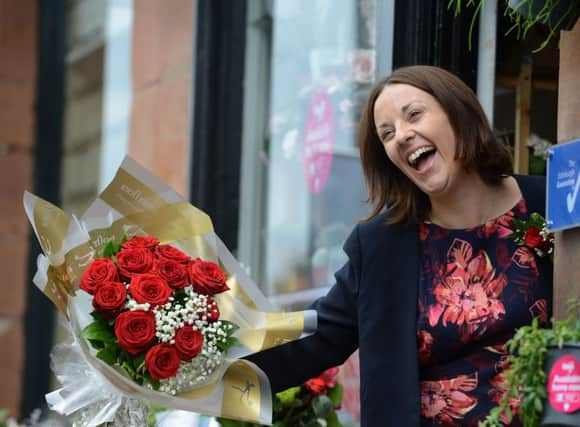 Scottish Labour Leader Kezia Dugdale visits Rowans Flower Shop in Edinburgh. Picture: SWNS