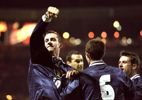 Don Hutchison celebrates the goal which gave Scotland their last win over England. Picture: Ben Radford/Allsport/Getty