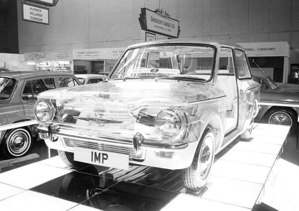 Scottish Motor Show in The Kelvin Hall - Illuminated skeleton of the Hillman Imp in 1963. Picture: TSPL