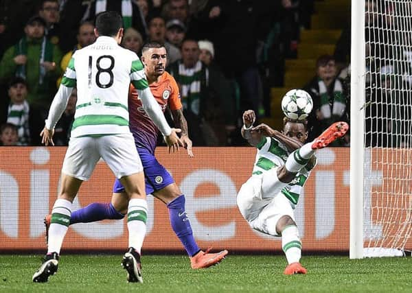 Moussa Dembele nets a spectaculr overhead kick against Manchester City. Picture: OLI SCARFF/AFP/Getty Images