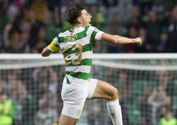 Celtic's Kieran Tierney celebrates his stunning goal against Kilmarnock. Picture: Alan Harvey/SNS