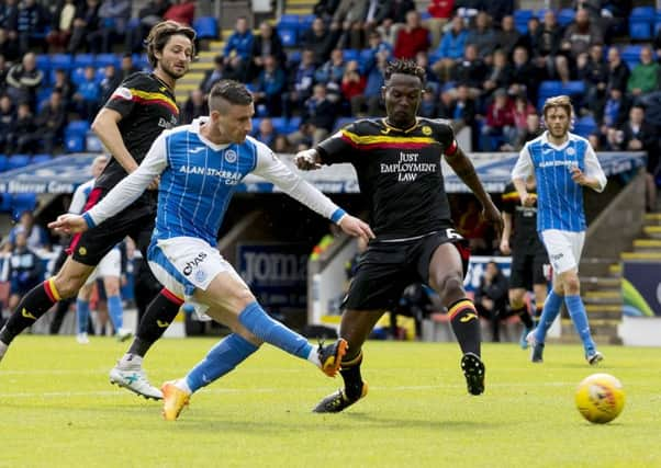 Michael OHalloran lashes home the only goal of the game at McDiarmid Park. Picture: SNS.