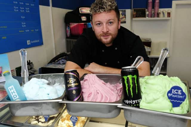 Kyle Gentleman from ICE of Redding in Falkirk makes WKD, Strongbow and Monster energy drink flavoured ice creams. Picture: Centre Press