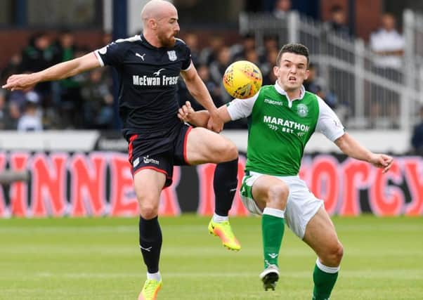 Dundee's James Vincent and Hibernian's John McGinn. Picture: SNS/Craig Foy