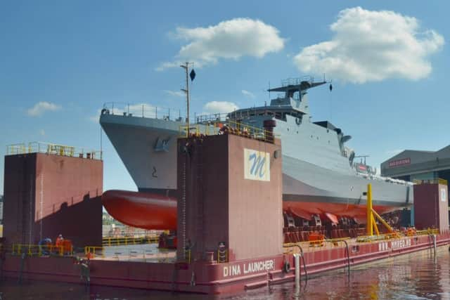 HMS Forth outside the BAE shipyard in Govan