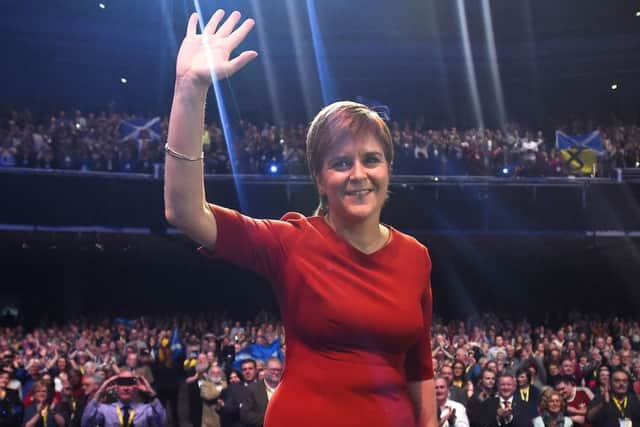 Scotland's First Minister Nicola Sturgeon receives a standing ovation after speaking on the final day of the Scottish National Party (SNP) annual conference. Pic: Getty Images