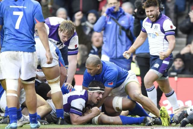 Double try-scorer Stuart McInally celebrates during the win over Samoa at Murrayfield. Picture: Ian Rutherford/PA