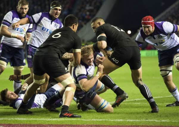 Scotland's Jonny Gray scores a try. Picture: SNS/SRU Bill Murray